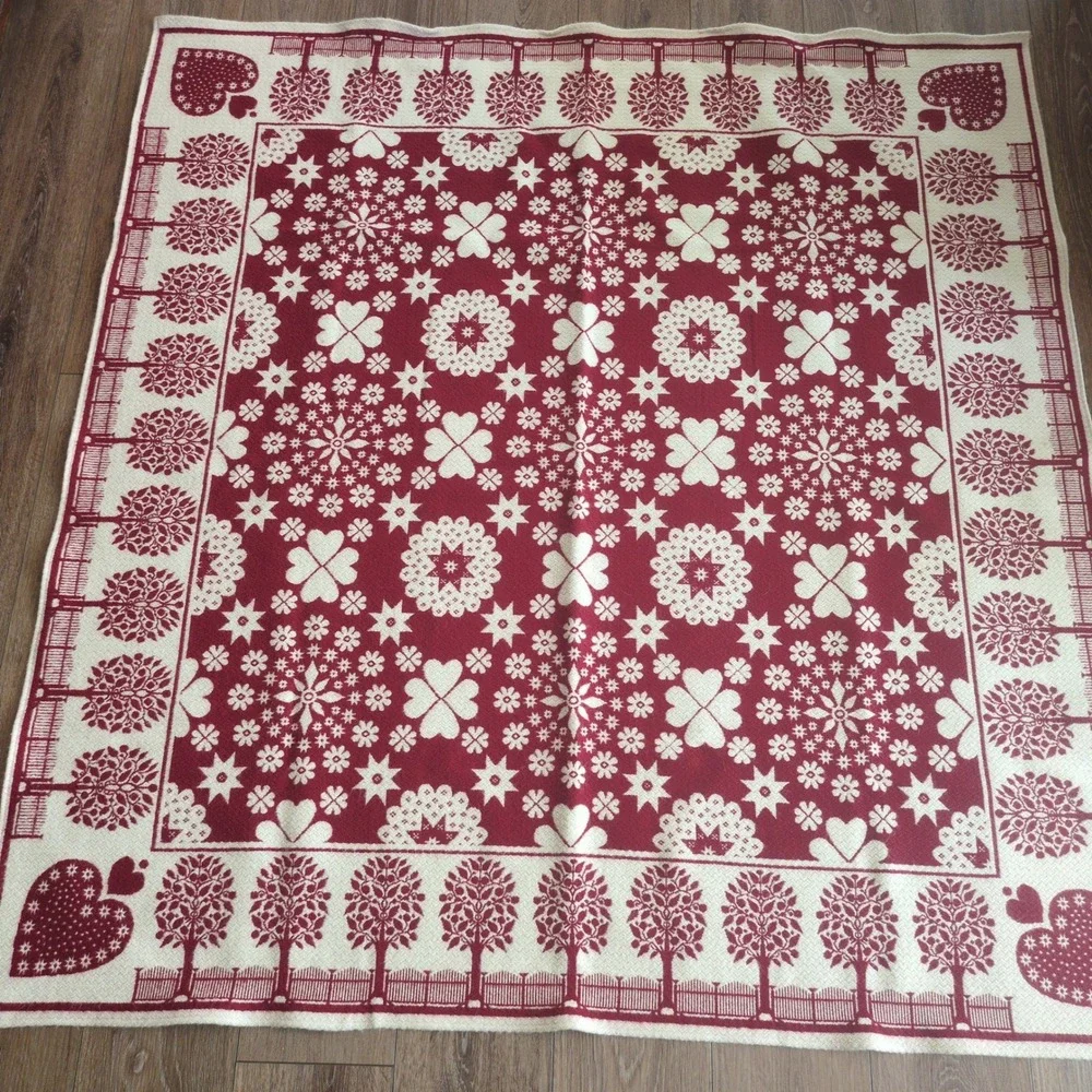 Jules Pansu Paris Folk Art Heart Tree Throw Blanket Red Cream Floral Geometric‎